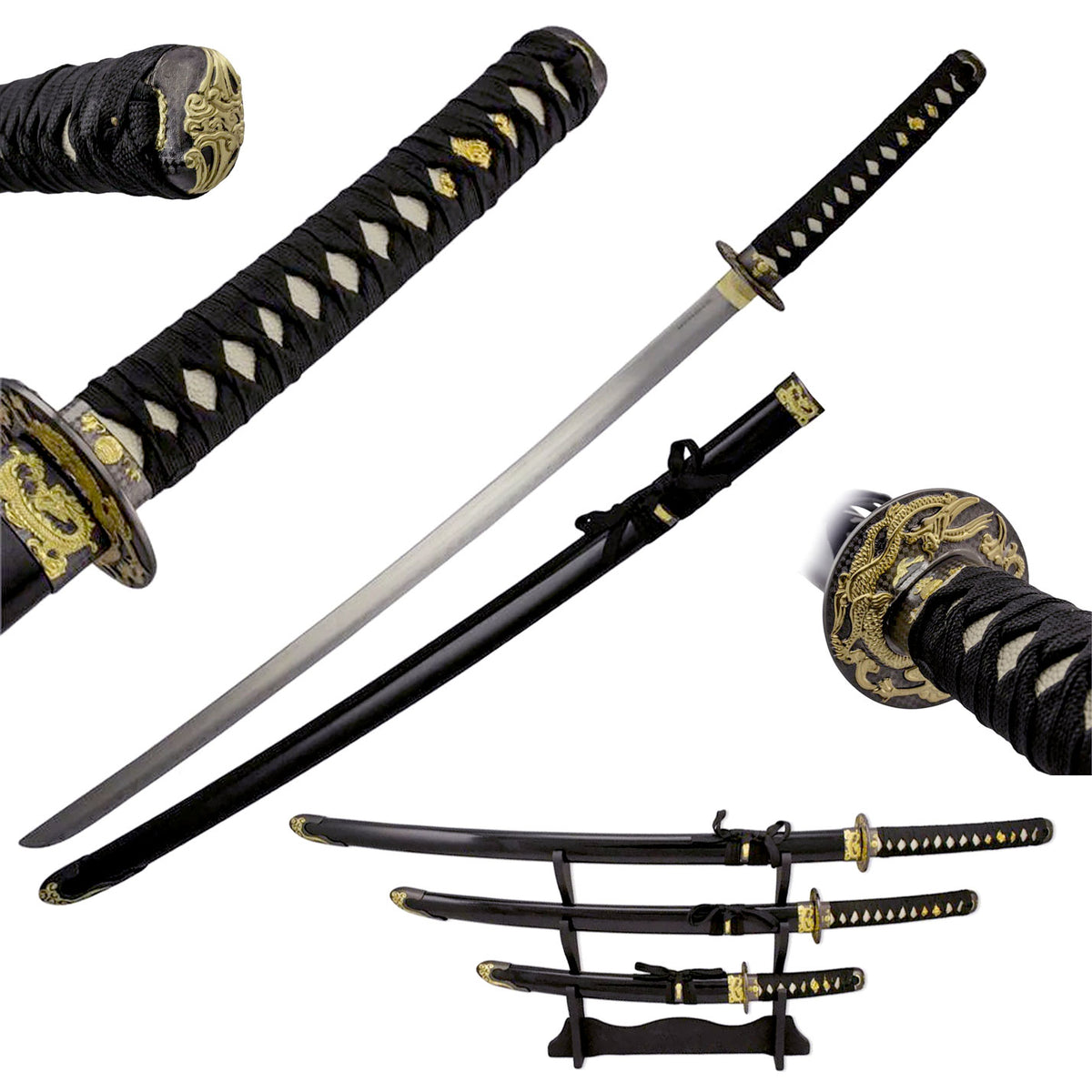 Sword- Metal, Samurai Swords 3pcs Set, Black/Gold (SE-3972-SET