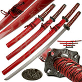 Sword- Metal, Samurai Swords 3pcs Set, Red (YK-58RD4)